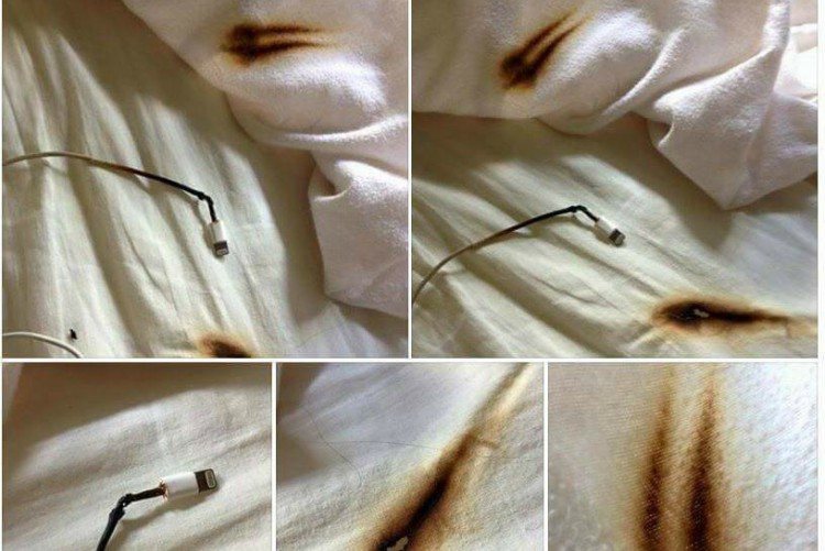 Image of burn marks on bed.
