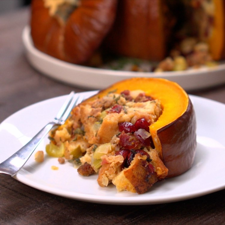 Slice of roasted stuffed pumpkin