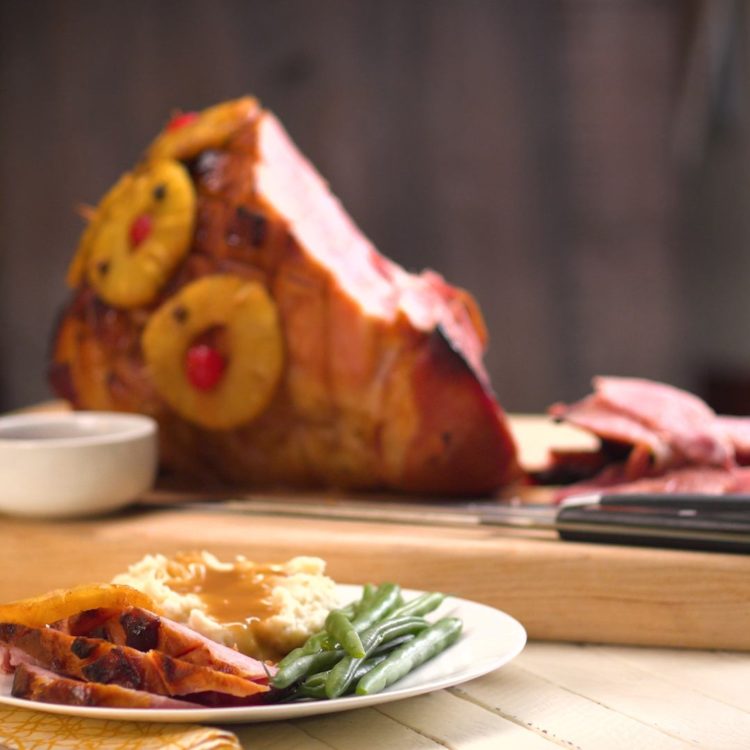 Old Fashioned Baked Ham with Pineapple & Maple Brown Sugar Glaze plated