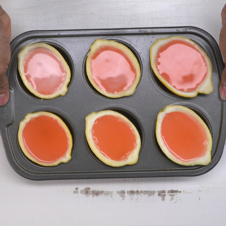 Transfer tins of filled peels to refrigerator and chill for 6 hours or until gelatin has set