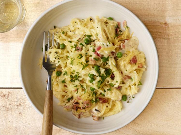 Spaghetti Squash Alfredo with Pancetta and Peas