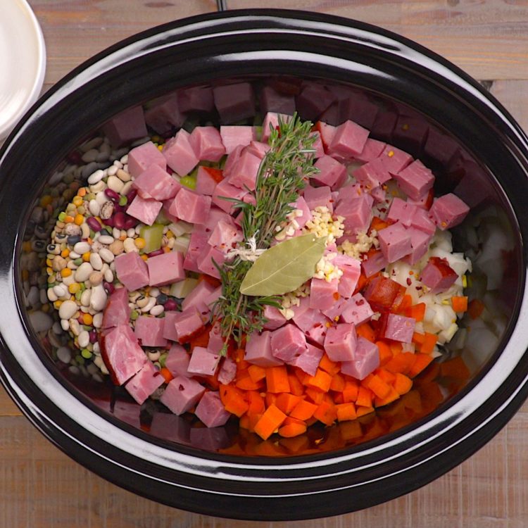 Slow Cooker Ham & Bean Soup all ingredients in crock pot