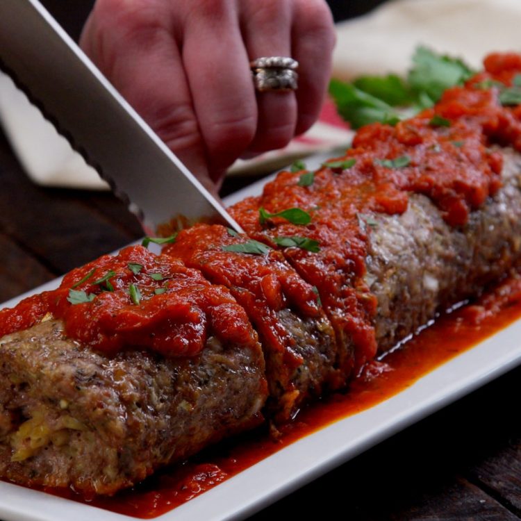 Pasta-Stuffed Meatloaf Roll marinara sauce slice