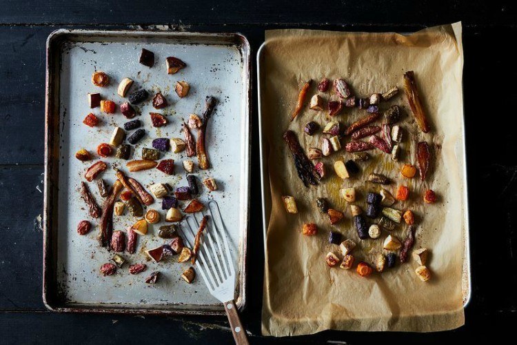 Image of roasted food on pans.