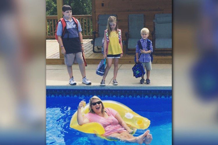 Image of mom chilling in pool first day of school.