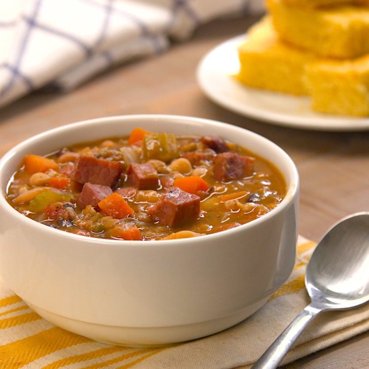 Slow Cooker Ham & Bean Soup bowl cornbread spoon