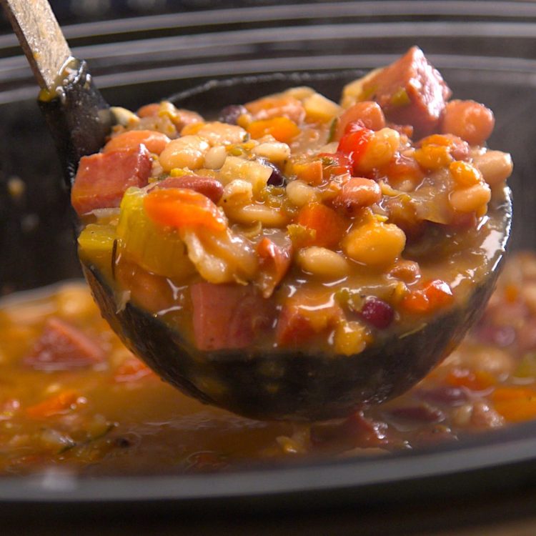 Slow Cooker Ham & Bean Soup ladling