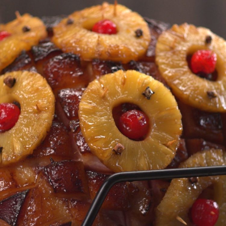 Old Fashioned Baked Ham with Pineapple & Maple Brown Sugar Glaze decoration close-up