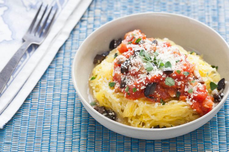 Roasted Spaghetti Squash with Marinara and Black Olives