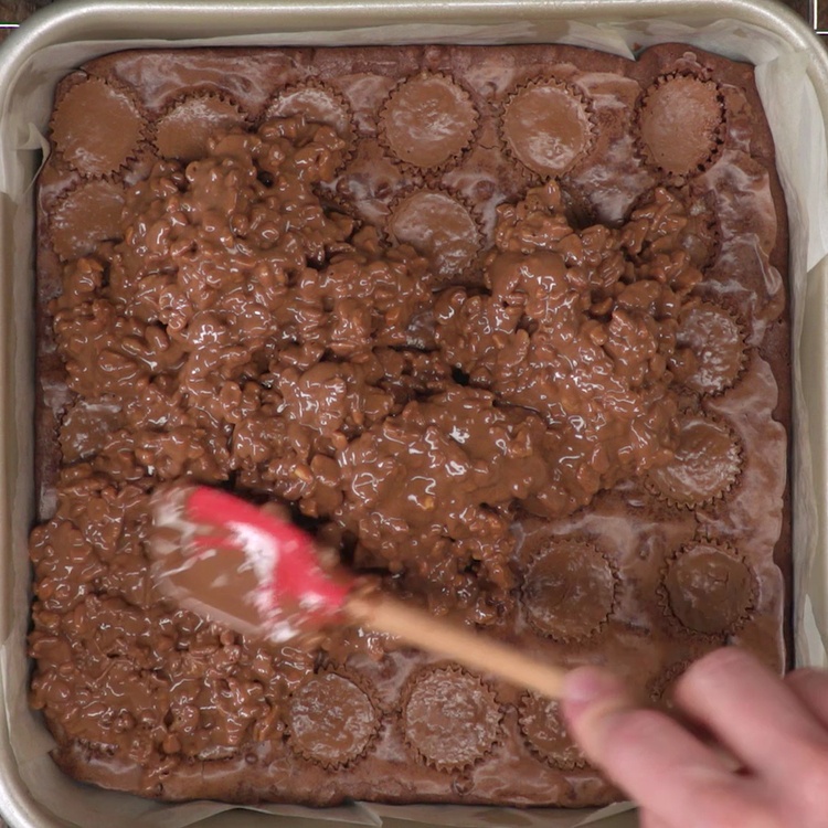 Fudgy brownies topped with a crackly layer of crispy rice cereal coated in melted chocolate and crunchy peanut butter--with a surprise peanut butter cup center.