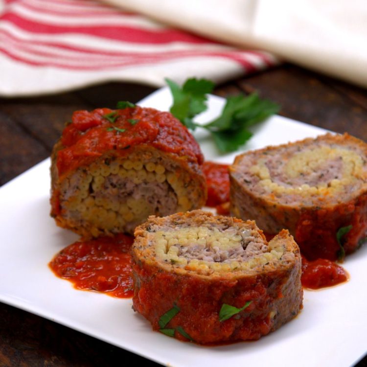 Pasta-Stuffed Meatloaf Roll slices plated