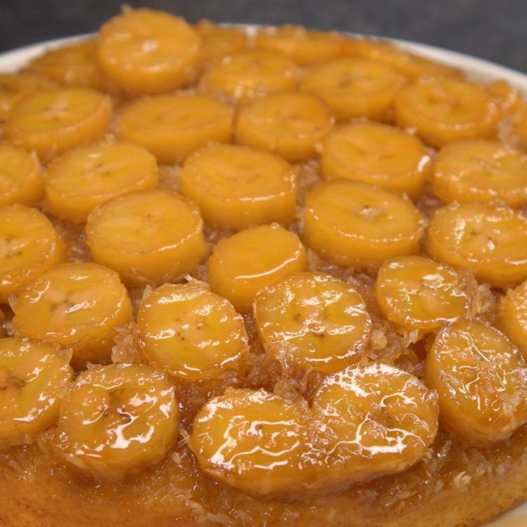 Banana Coconut Upside Down Cake top of cake