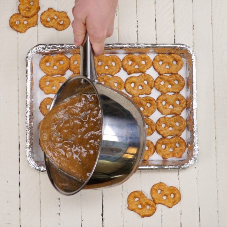 Drizzling Toffee on Pretzel Toffee Bark