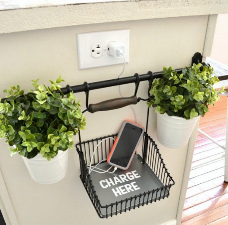 Phone charging station with towel bar.