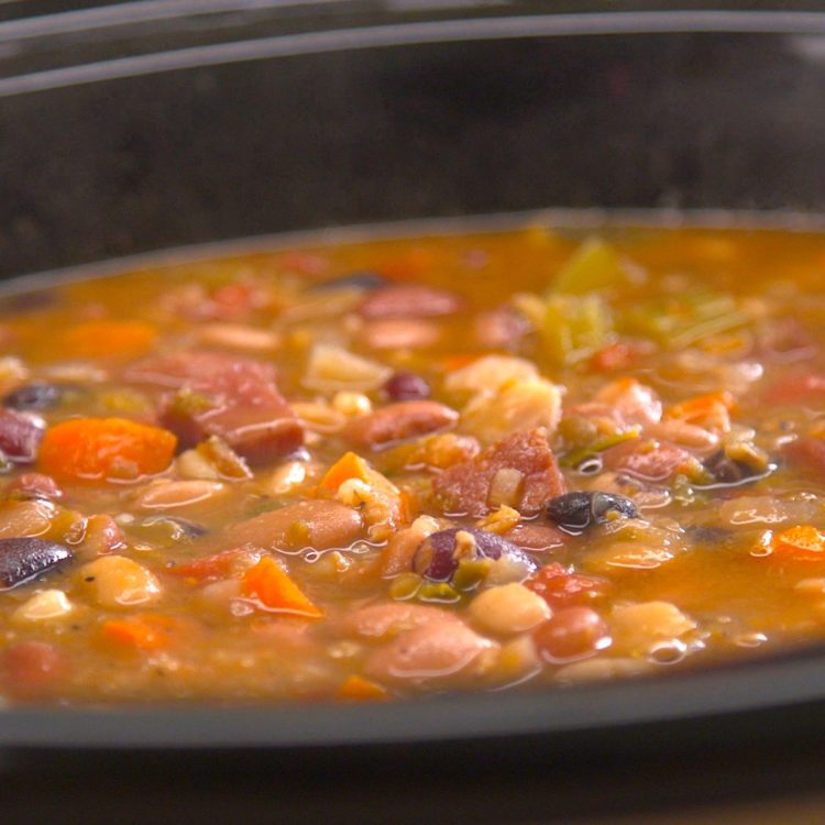 Slow Cooker Ham & Bean Soup crock pot close-up side shot