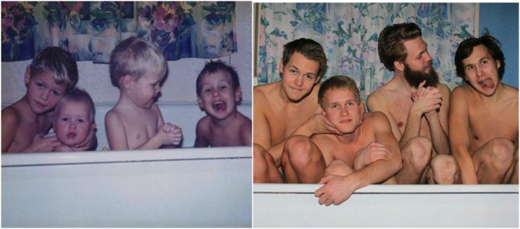 Image of siblings in kid and adult bathtub pose.