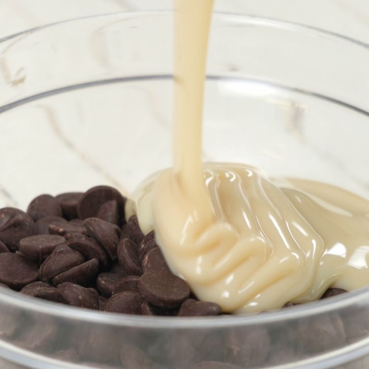 Place the dark chocolate chips and the sweetened condensed milk in a large, microwave-safe bowl