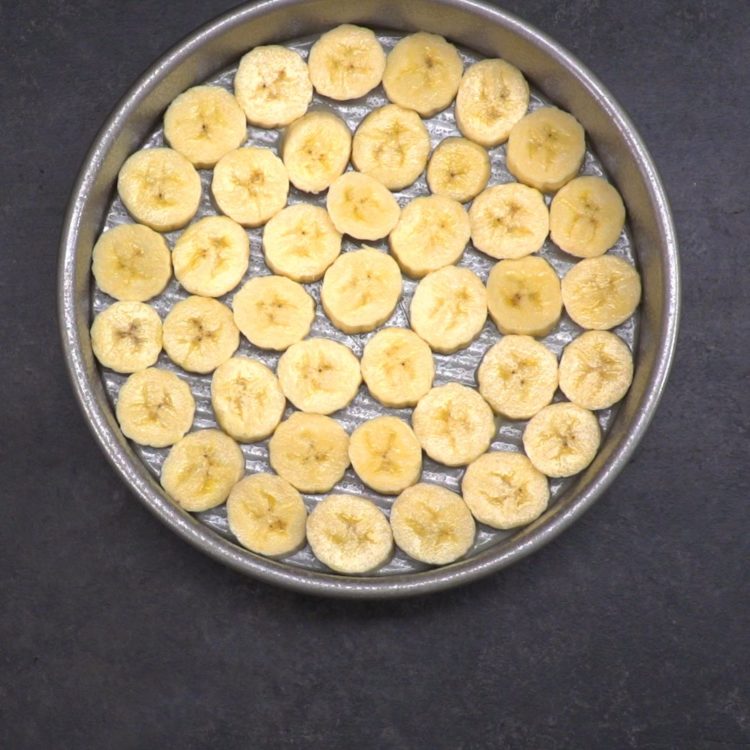 Banana Coconut Upside Down Cake bananas in pan