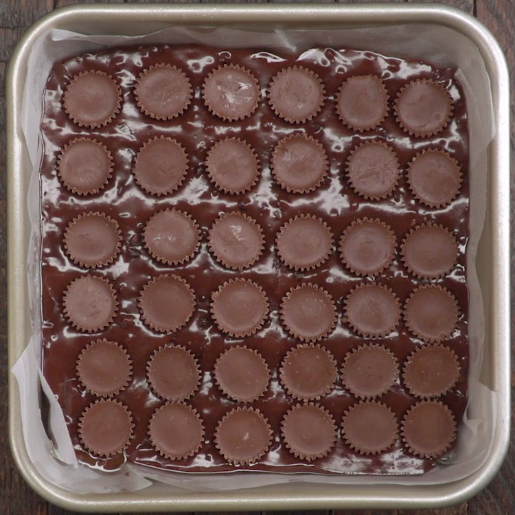 Fudgy brownies topped with a crackly layer of crispy rice cereal coated in melted chocolate and crunchy peanut butter--with a surprise peanut butter cup center.