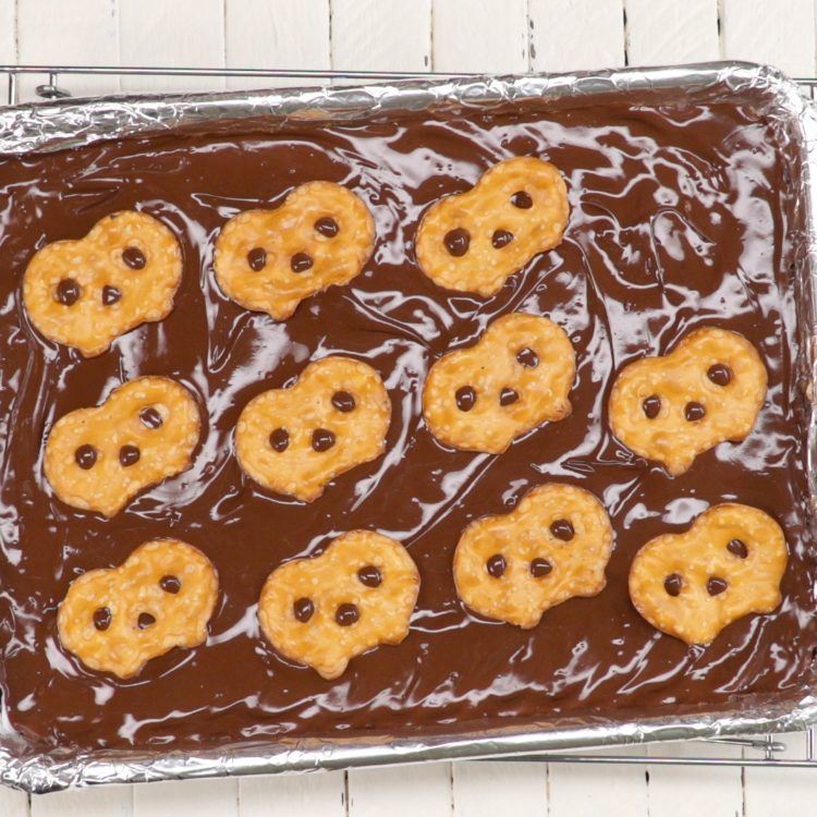Laying Pretzel Crisps on Chocolate