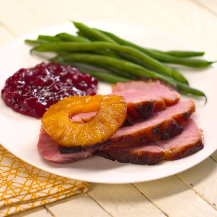 Old Fashioned Baked Ham with Pineapple & Maple Brown Sugar Glaze cranberry sauce green beans