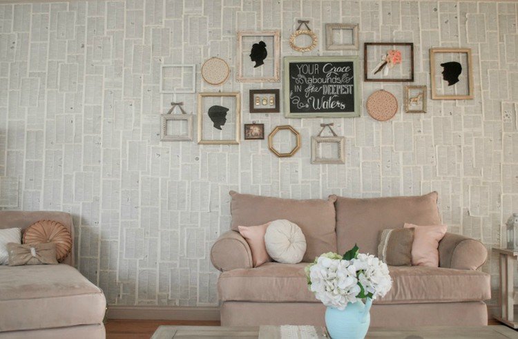 living room with book wall paper